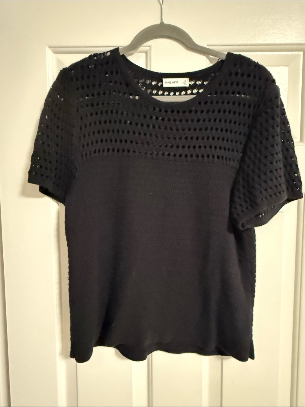 Nine West Black Short-Sleeve Eyelet Knit Top
